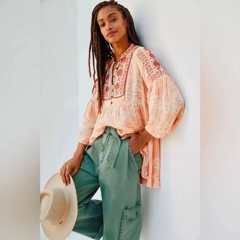 by Anthropologie Claudia Embroidered Babydoll Tunic Top Puff Sleeve